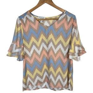 Rachel Zoe Chevron Blouse Top Women's Size S Short Ruffle‎ Sleeve Pastel